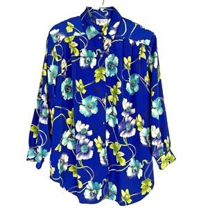 Vintage Maggie Sweet Floral Print Button Blouse Royal Blue Satin Feel Size 1X
